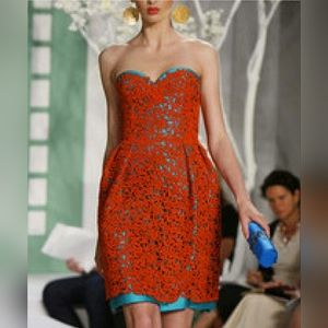 □$4000 OSCAR DE LA RENTA GORGEOUS SILK LACE TURQUOISE ORANGE RUNW DRESS US 4